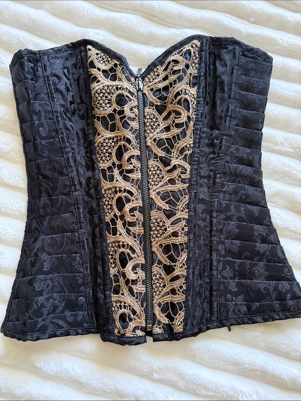 Spirit Halloween Black and Taupe Brocade Lace-Up Corset Top